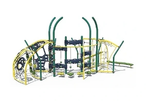 Long rope-and-net climbing structure with sweeping arches and challenge routes