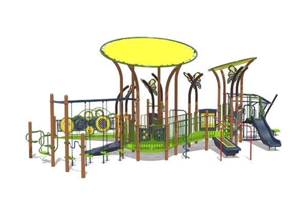 Large green and brown playground with a yellow round canopy, butterfly accents, slides and a balance course