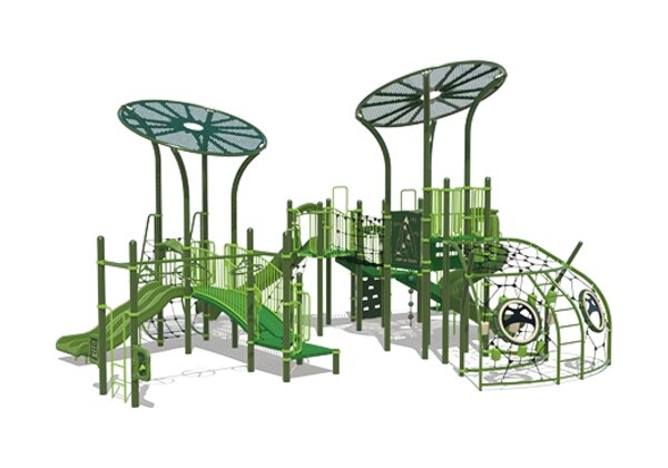 Green play system with two round canopies, slides, a climbing bridge and a net dome climber