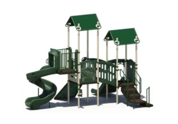 Dark green multi-level play system with a curved slide and two roofs