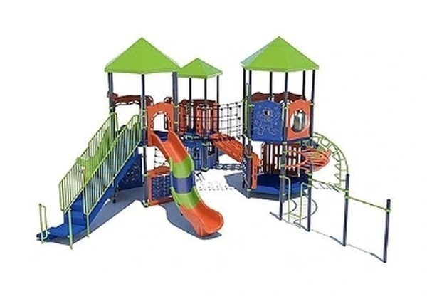 Large green-roofed structure with multiple towers and orange/blue slides