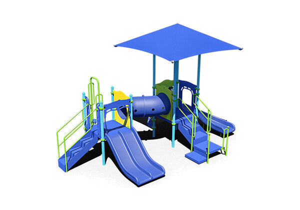 Blue and lime structure under a square blue shade, with a crawl tunnel and wide double slides