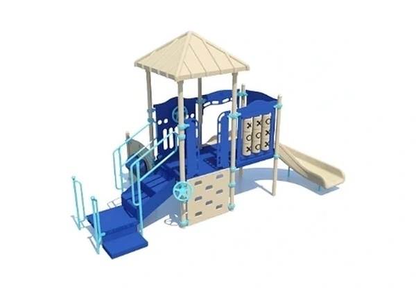 Blue and cream playground with a light roof, activity panels, climber and slide
