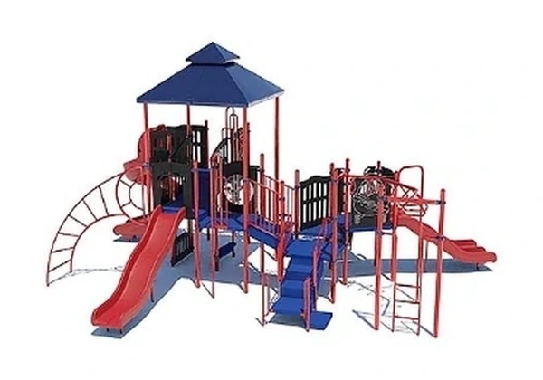 Large red and blue platform playground with twin towers and slides