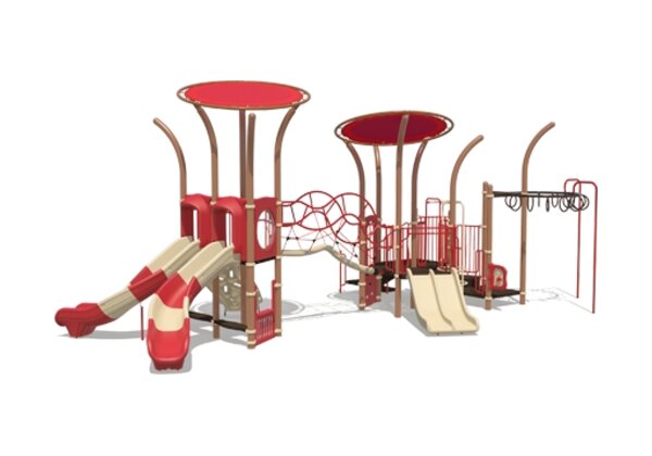 Red and tan playground with round canopies, double slides, a net bridge and overhead rings