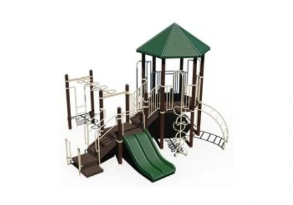Green-roofed tower with overhead climber, ramp and green slide