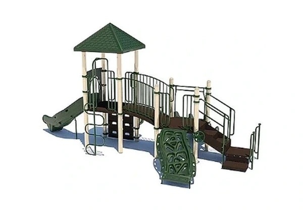 Green and beige early-childhood playground with climbing features and slide