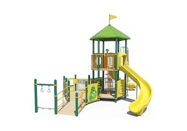 Green-and-yellow play tower with spiral slide and overhead play elements