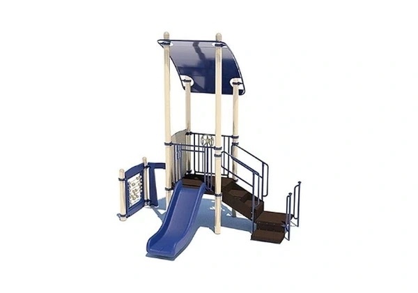 Compact blue and cream playground with curved roof, stair access and single slide