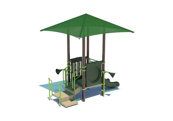 Compact green and brown structure under a square shade canopy, with steps, talk tubes and a slide