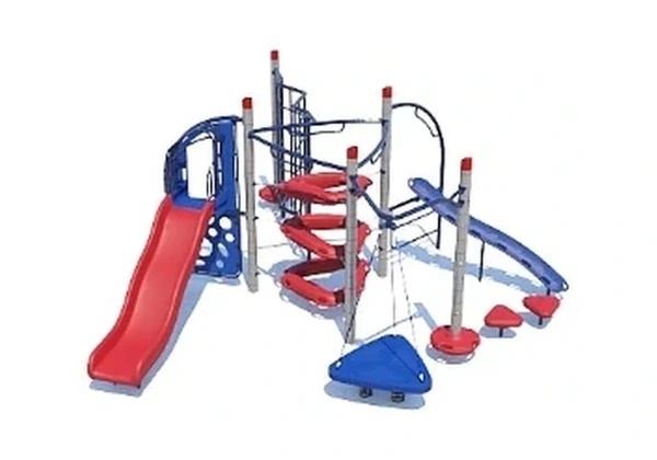 Red, blue and silver playground with slide, spinning and climbing features